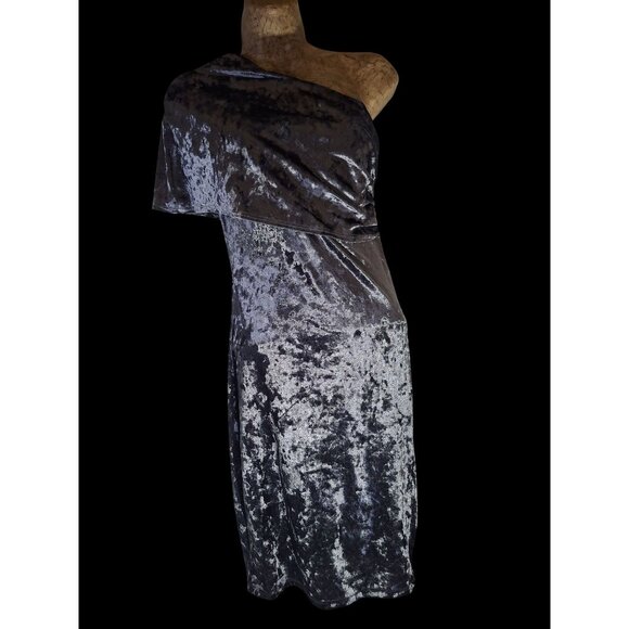 Vintage 90s Y2K One-Shoulder Gray Crushed Velvet Dress With Side Zipper Closure - Picture 2 of 9